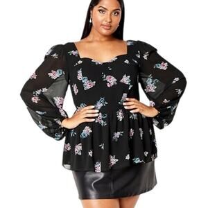 City Chic NWT Women's Black Floral Jemina Peplum Peasant Blouse Top Size 24